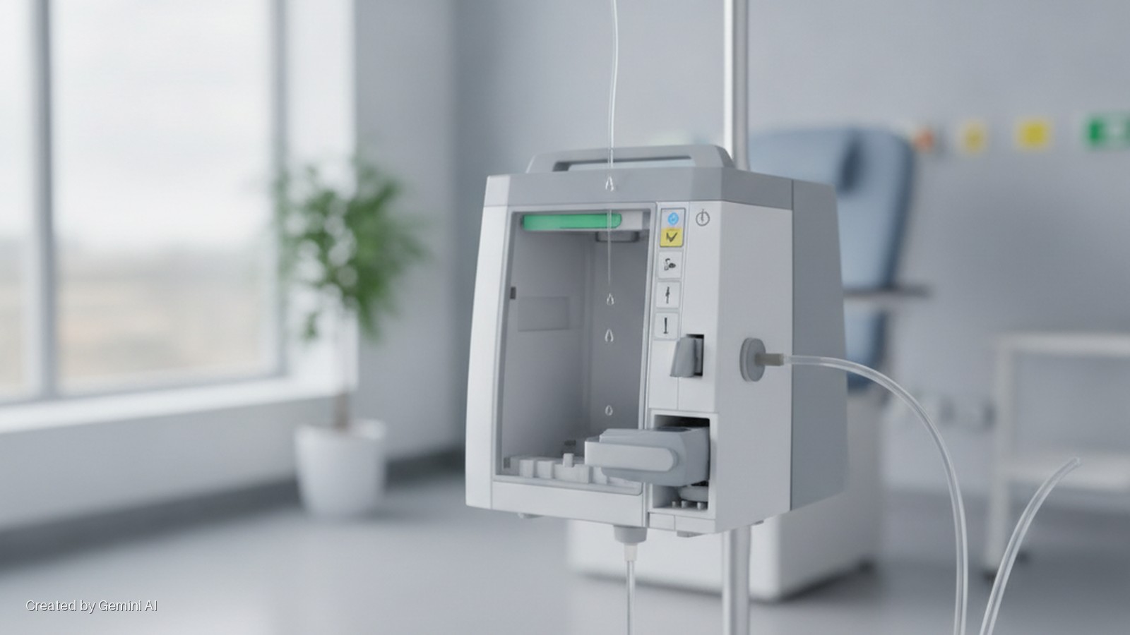 A medical IV pump with clear tubing is mounted on a pole in a bright hospital room, featuring a window, potted plant, and a bed in the background.
