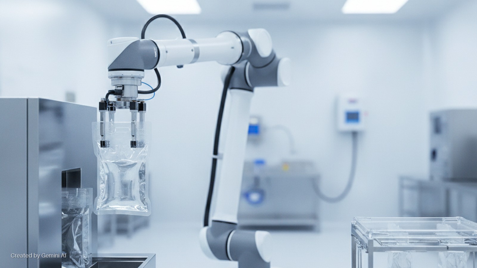 A robotic arm holds a clear fluid bag in a bright, sterile cleanroom with laboratory equipment and transparent containers visible in the background.