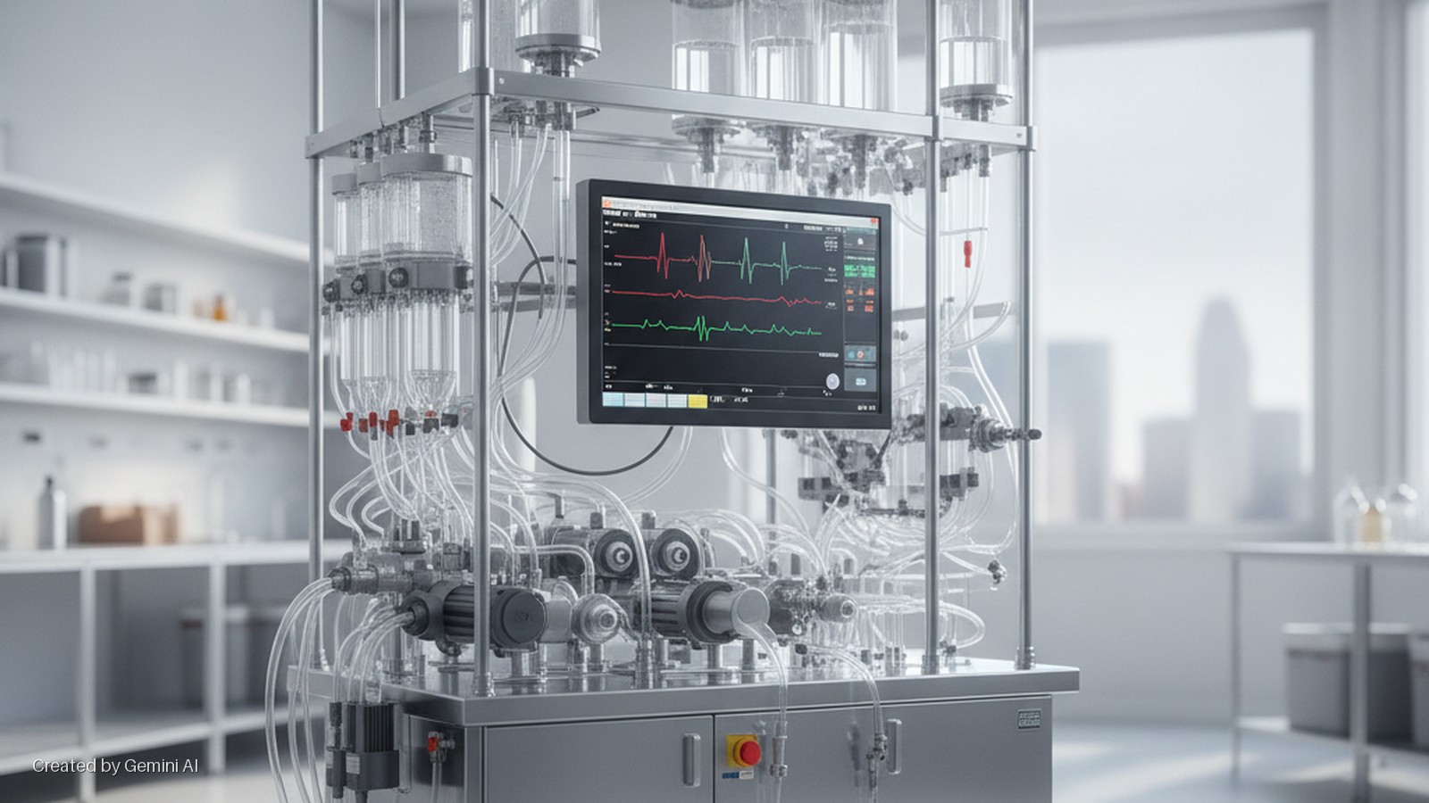 A laboratory bioreactor system, composed of multiple clear vessels, intricate tubing, pumps, and a monitor displaying medical-style waveforms, is positioned in a bright lab with shelves of glassware on the left and a blurry city skyline vis