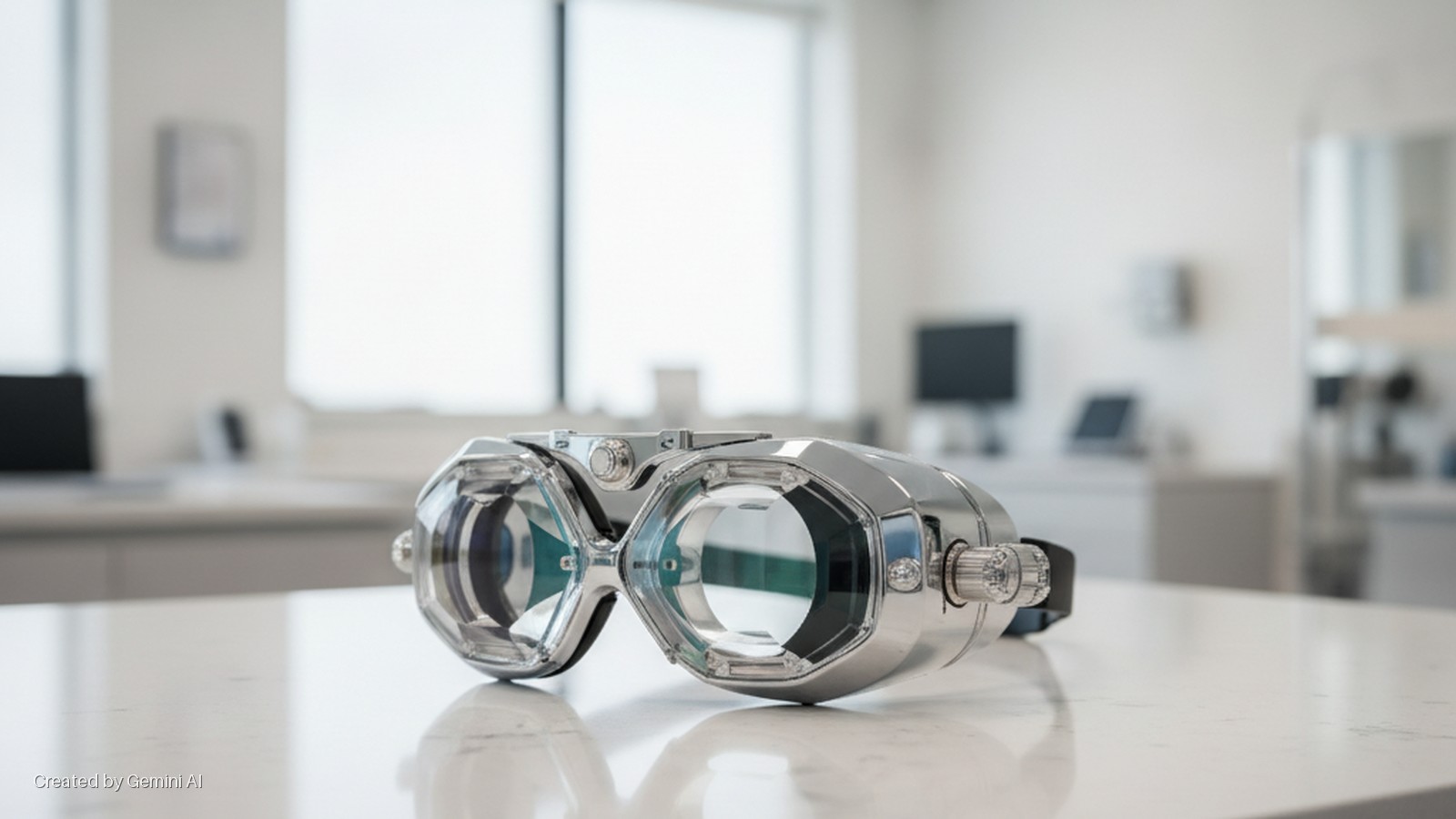 Chrome vision testing goggles rest on a white counter in a brightly lit modern ophthalmologist's office.