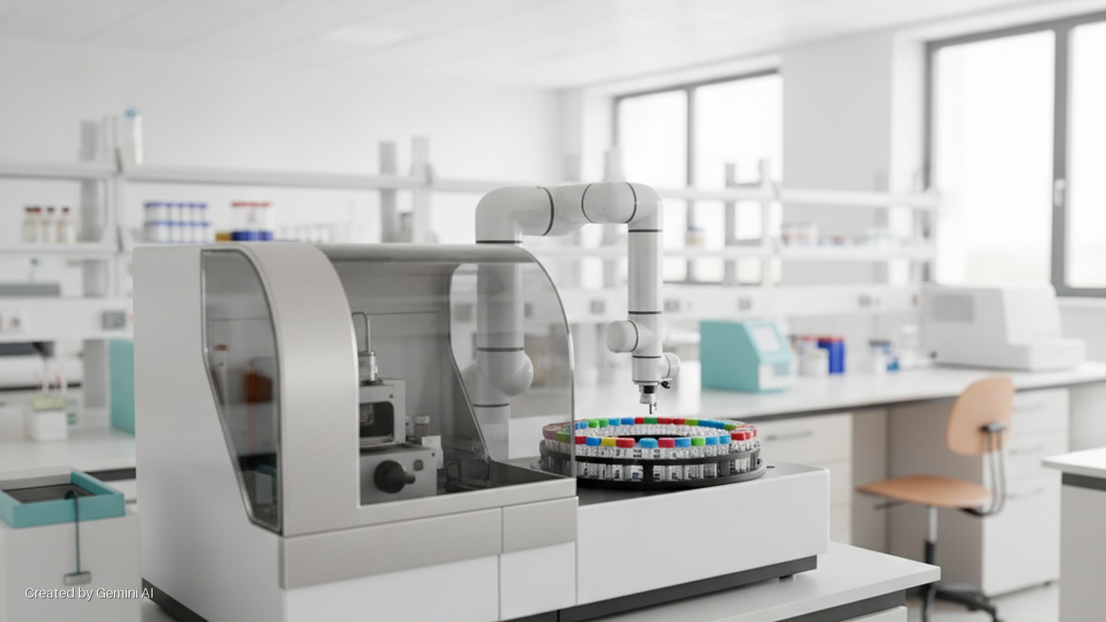 An automated lab system featuring a robotic arm interacting with a carousel of colorful capped vials is positioned on a workbench in a bright, modern laboratory filled with scientific instruments and illuminated by natural light from large 