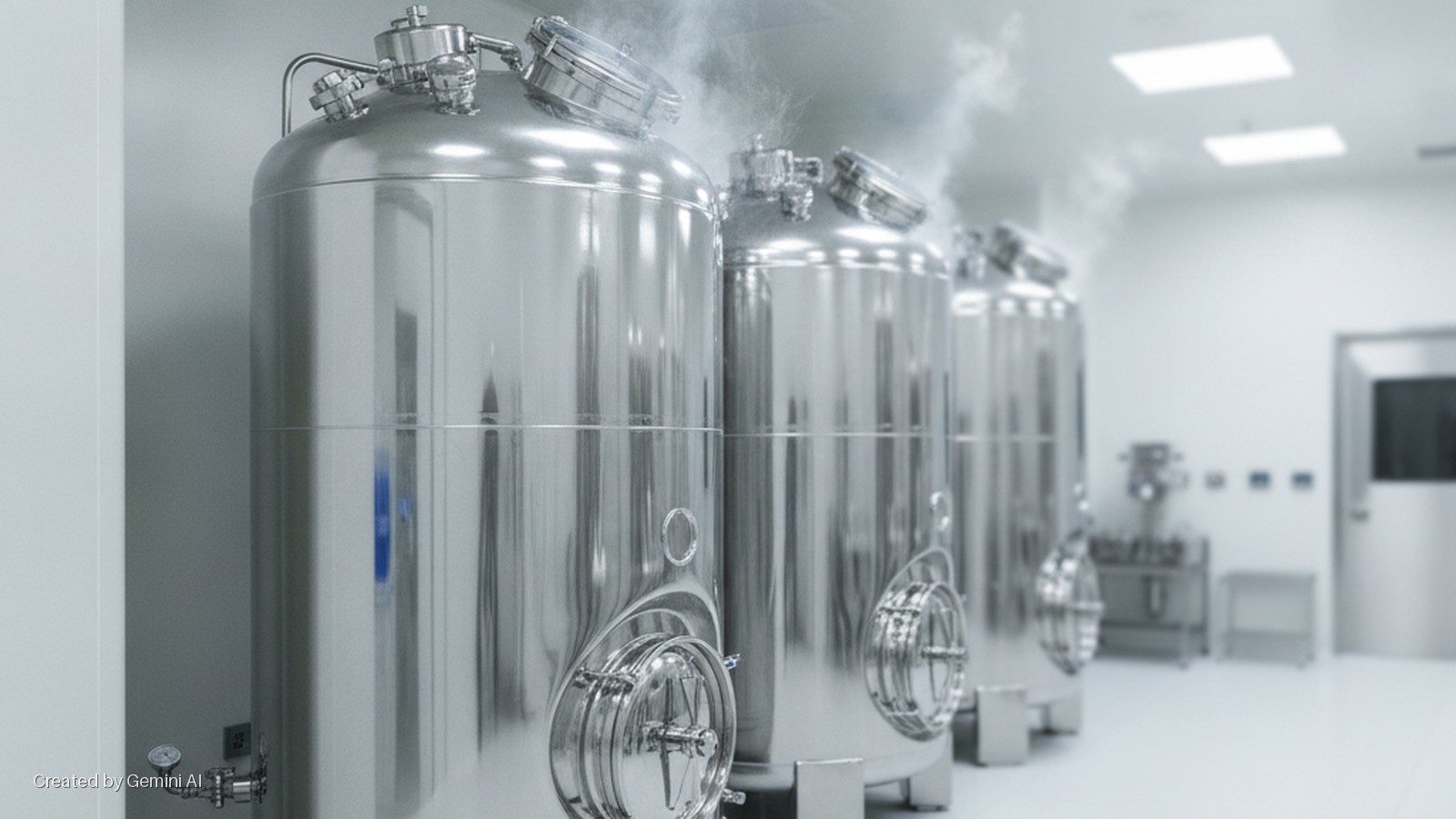 A row of polished stainless steel tanks, emitting steam from their tops, fills a brightly lit cleanroom with a metal door and equipment visible in the background.
