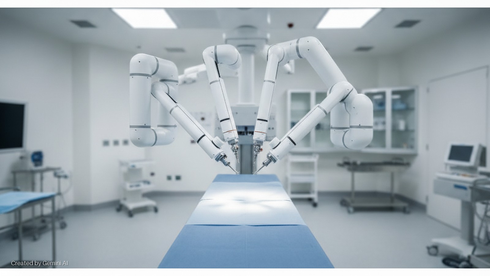 Four robotic surgical arms are positioned over a blue-draped operating table in a brightly lit, sterile operating room with various medical equipment.