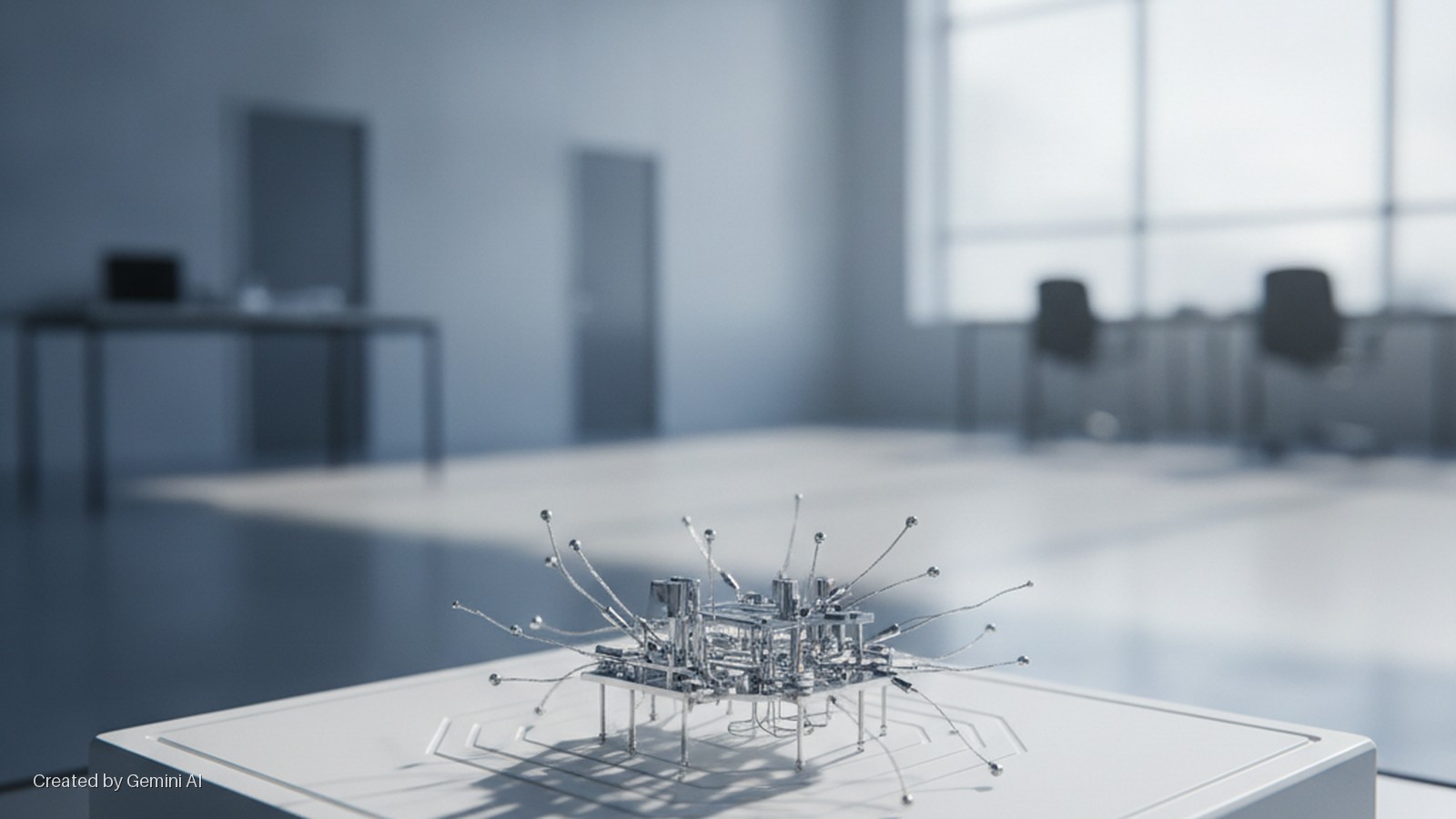 A metallic sculpture resembling a circuit board sits on a white pedestal in a brightly lit, minimalist office with blurred furniture and a large window in the background.
