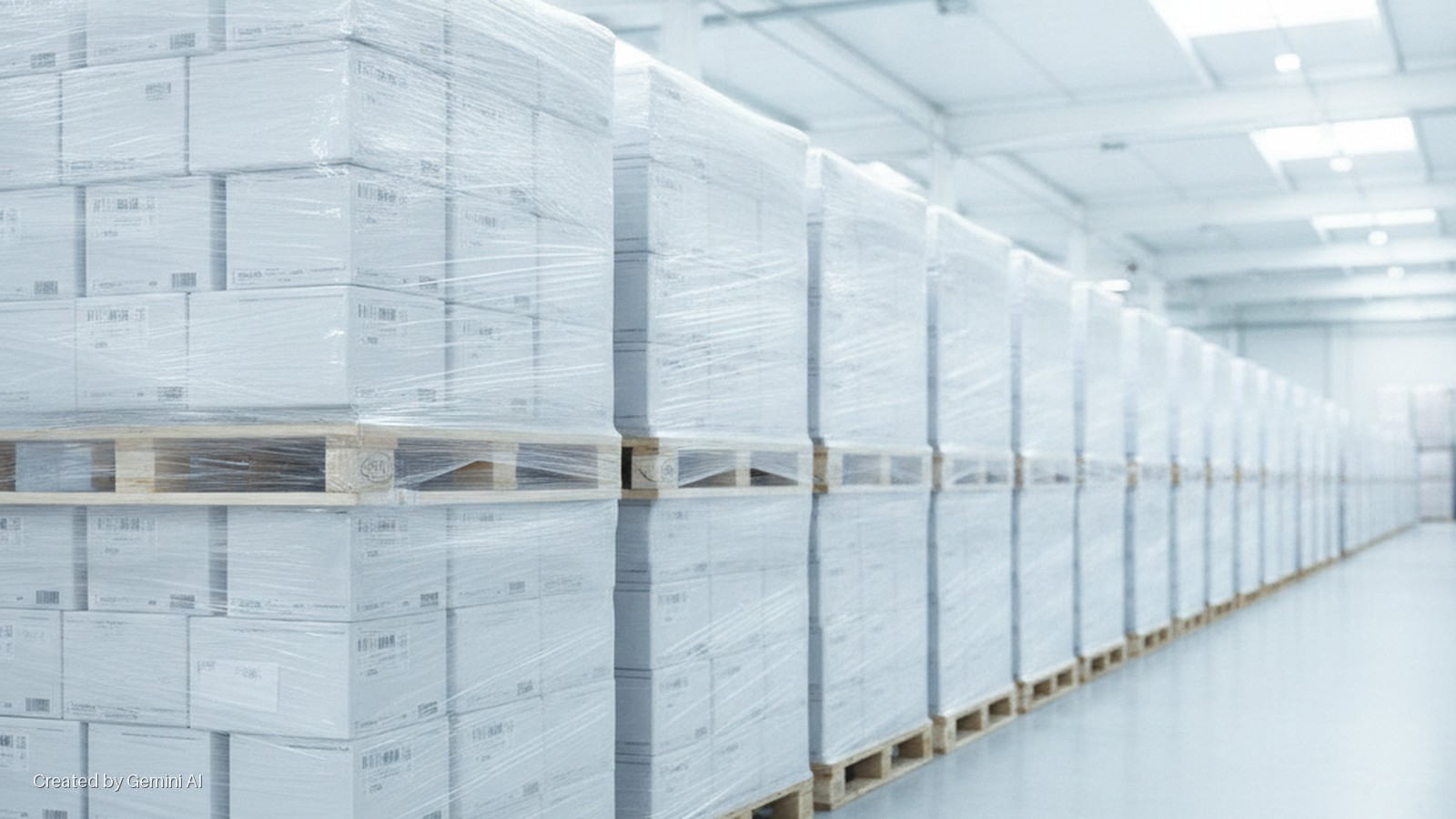 Rows of wooden pallets stacked with shrink-wrapped white boxes fill a brightly lit warehouse.