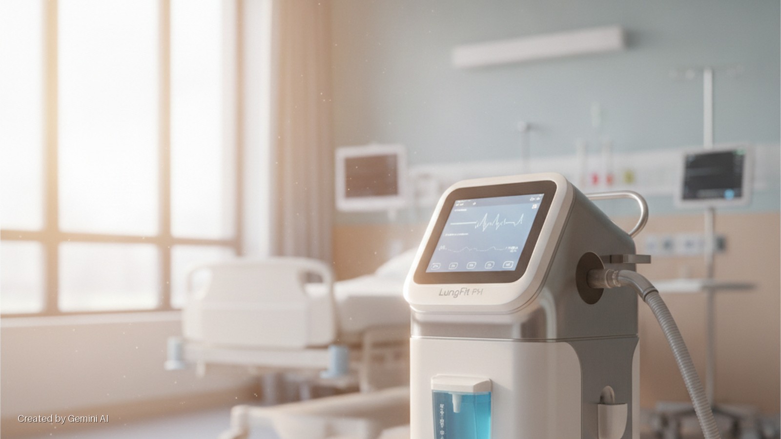 A "LungFit P41" medical device with a screen displaying waveforms and a connected tube stands prominently in a warmly sunlit hospital room, featuring a blurred bed and medical monitors in the background with visible dust motes in the light.
