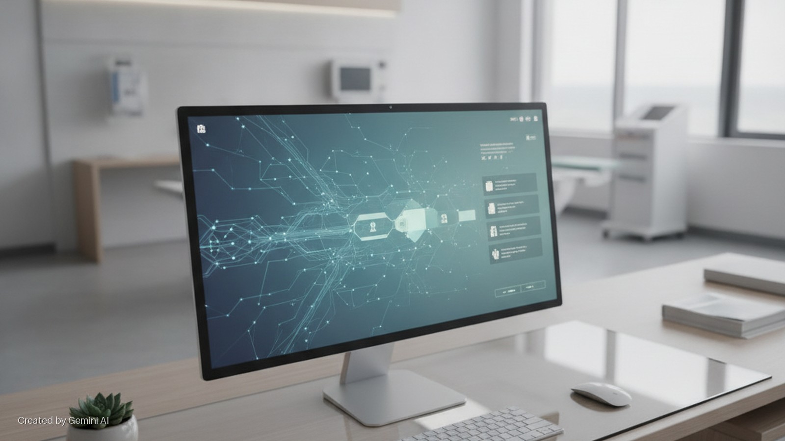 A computer monitor displays a blue digital interface with network lines and security icons on a wooden desk, accompanied by a keyboard, mouse, and succulent, within a bright clinic featuring medical equipment and a large window.