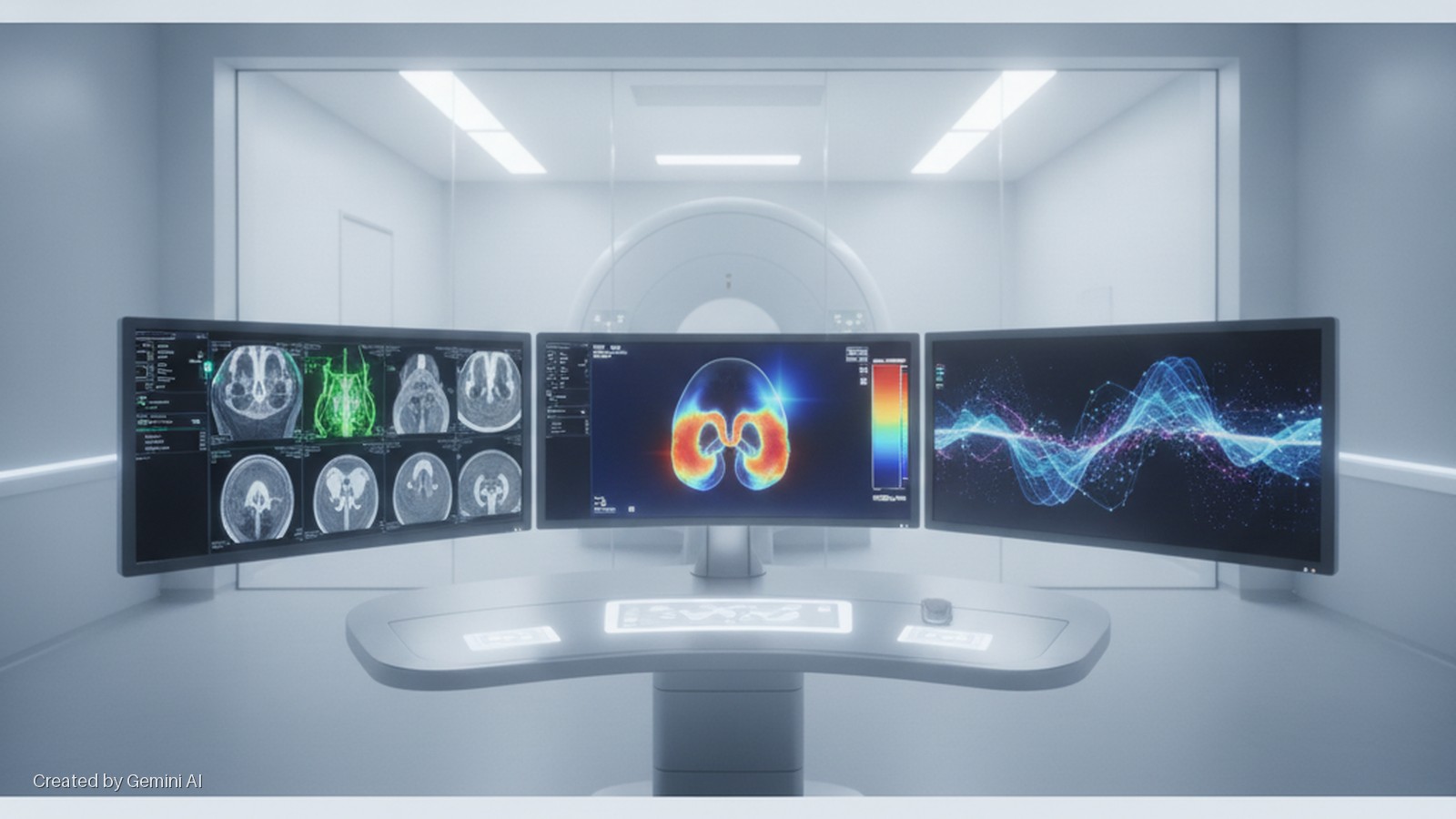 Three large monitors displaying medical imaging and data visualizations sit on a modern control desk in a brightly lit medical control room, with an MRI scanner visible through a glass partition in the background.