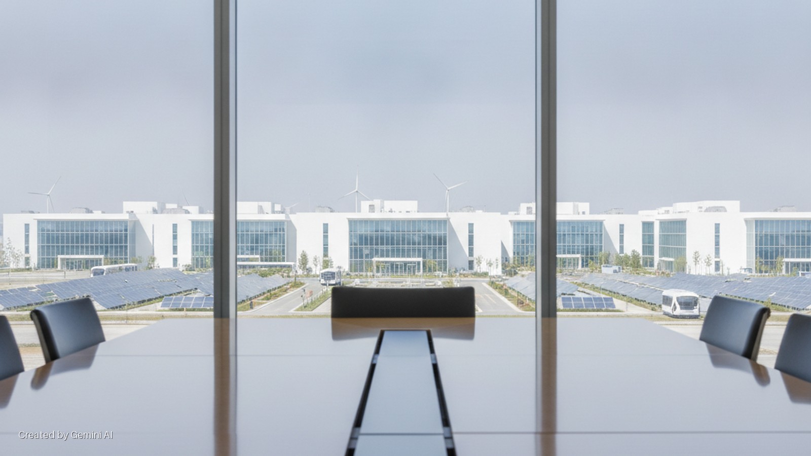 Bright daylight illuminates a conference room foreground with a wooden table and chairs, overlooking a modern white building complex with extensive solar panel arrays and distant wind turbines.
