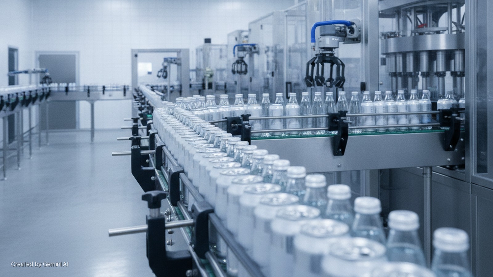 Rows of clear glass bottles and silver aluminum cans move along conveyor belts in a brightly lit, modern beverage bottling plant with automated machinery.