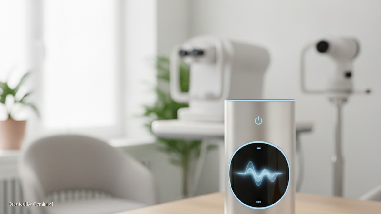 A silver cylindrical device with a glowing blue waveform display and a power button rests on a wooden table in an optometry office, with blurred white eye examination equipment, a chair, a potted plant, and a bright window in the background