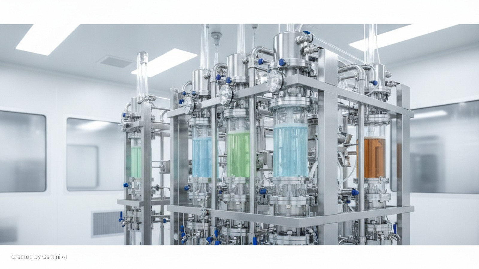 Brightly lit cleanroom featuring stainless steel processing equipment with five clear glass columns filled with light green, light blue, light green, light blue, and amber liquids.