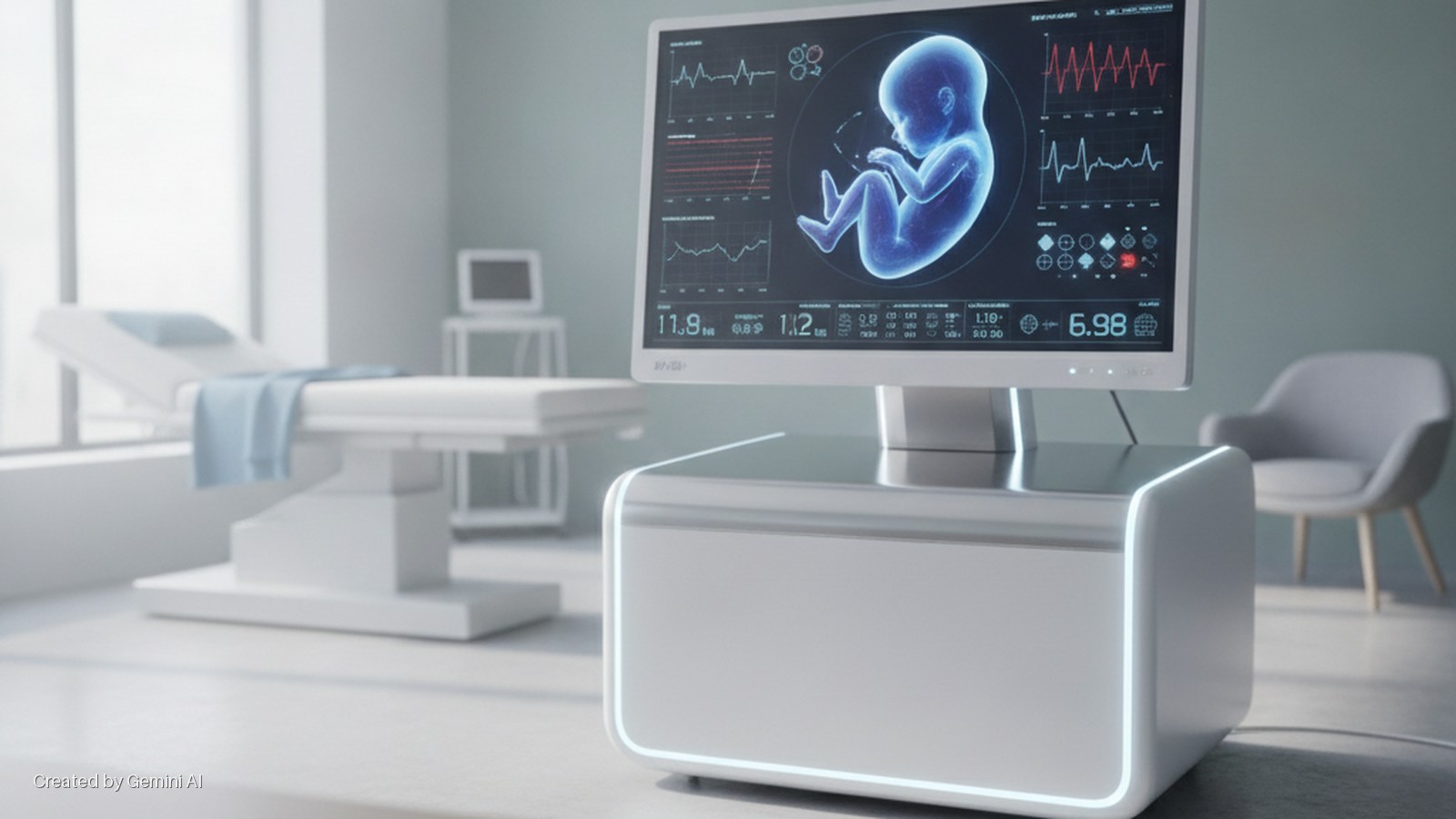 A brightly lit medical examination room, illuminated by natural light from a large window, features a modern monitor on a lit base displaying a 3D rendering of a fetus with vital signs, a white examination table, and a gray chair.