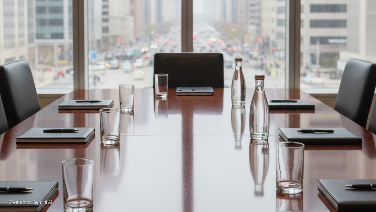 A brightly lit conference room with a polished wooden table surrounded by chairs, set with water bottles, glasses, notebooks, and pens, overlooking a bustling city street through large windows.