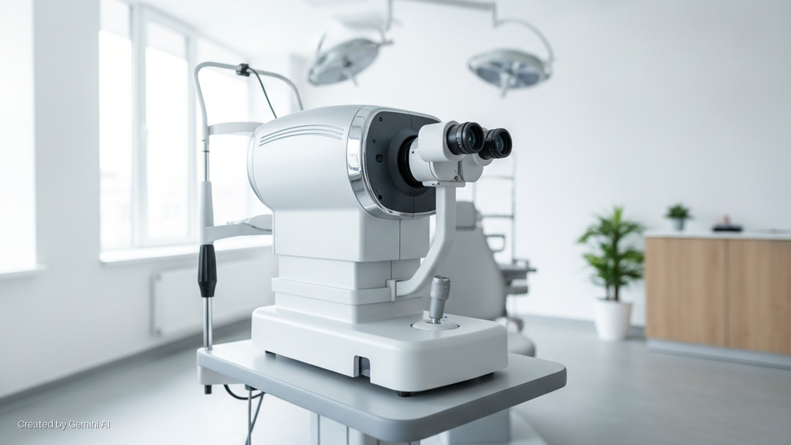 A brightly lit modern ophthalmology examination room features a white autorefractor in the foreground, with large windows, overhead surgical lights, and a wooden counter with potted plants in the background.
