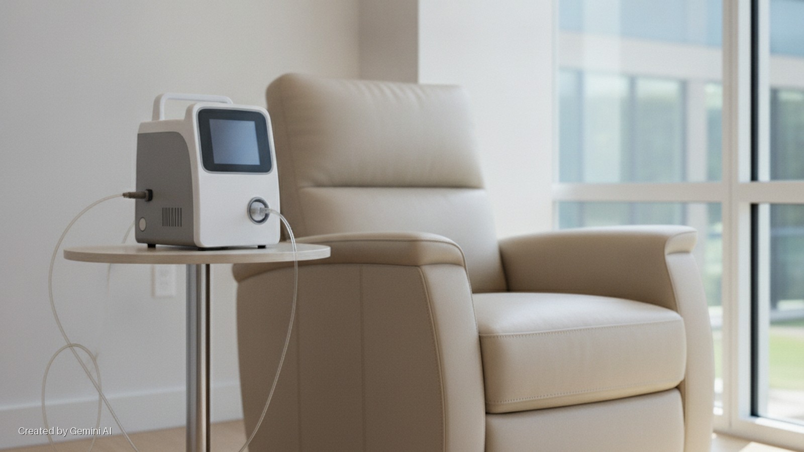 A portable medical device with clear tubing sits on a round table next to a beige leather recliner, brightly lit by natural light from a window with a view of a modern building.
