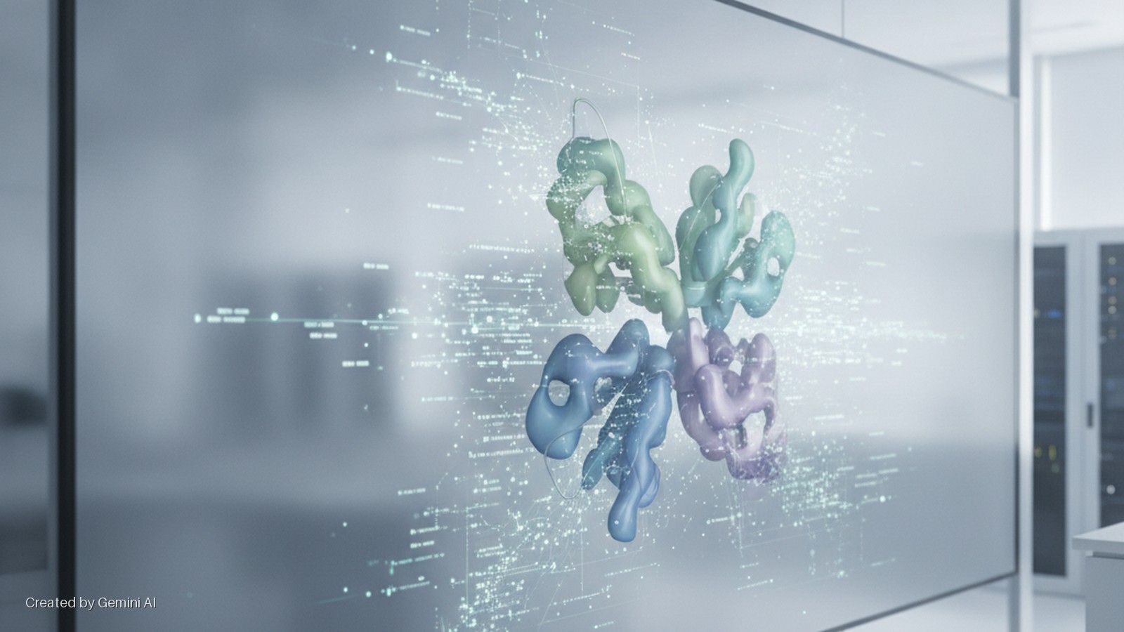A large digital display screen in a modern laboratory showcases a brightly lit, multi-colored 3D molecular model surrounded by glowing data points and lines, with server racks visible in the background.