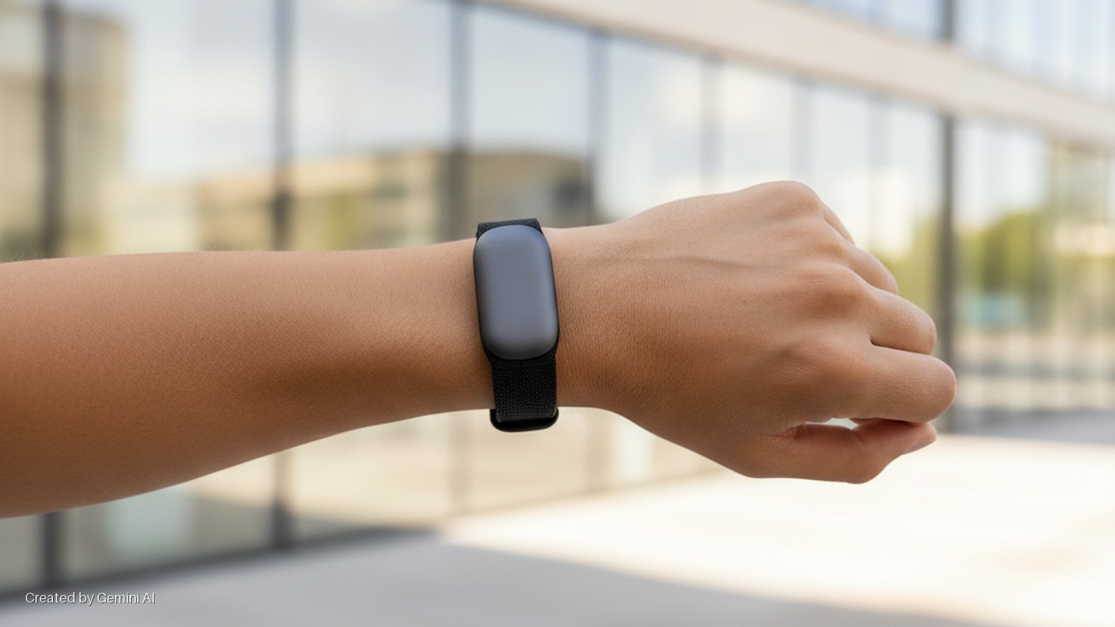 A person's arm wears a black fitness tracker on the wrist, set against an out-of-focus modern building facade in bright natural daylight.