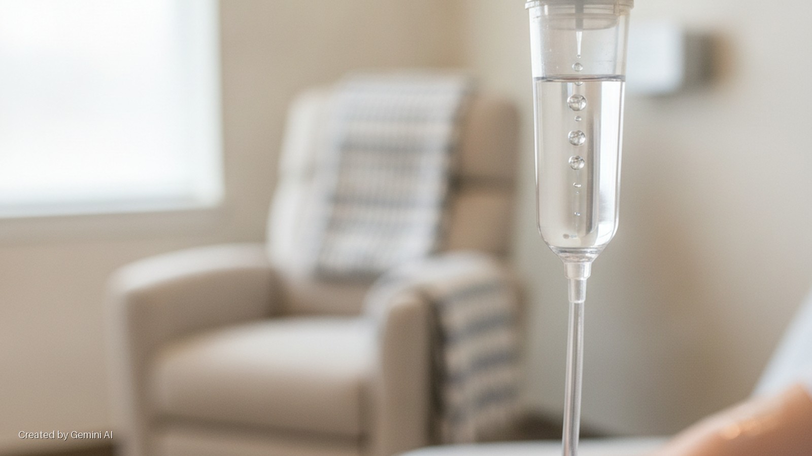 A clear IV drip with liquid and air bubbles is in the foreground, with a blurred beige armchair, striped blanket, and bright window visible in the background of a softly lit room.