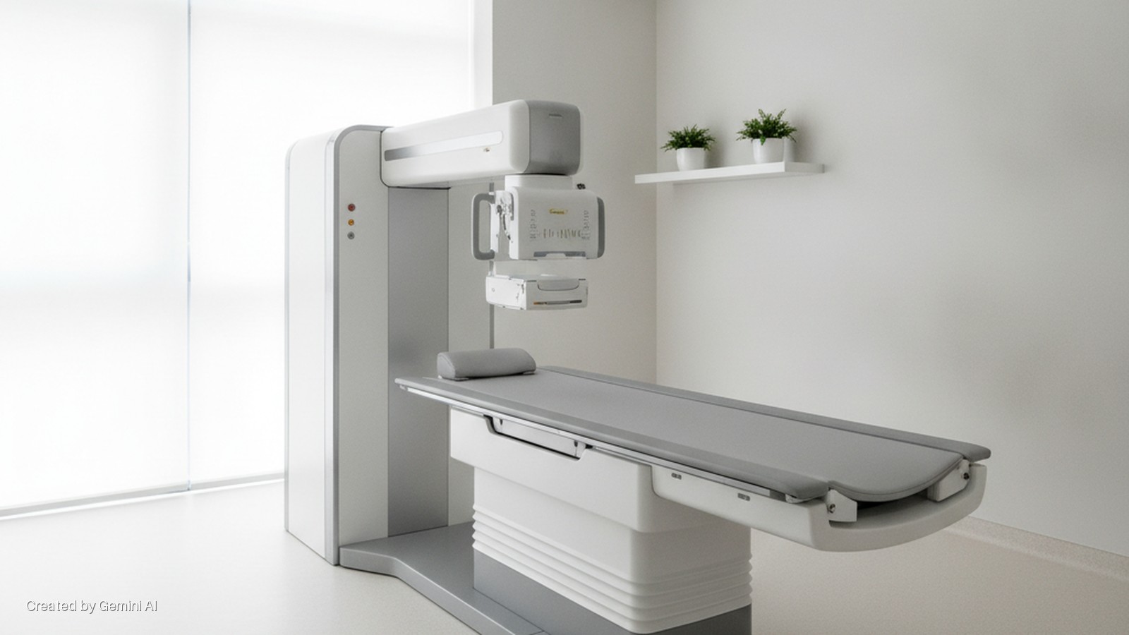 A bright, clean medical examination room features a large, modern white and grey medical imaging machine with an overhead arm and a long patient table, alongside a white floating shelf holding two small potted plants.