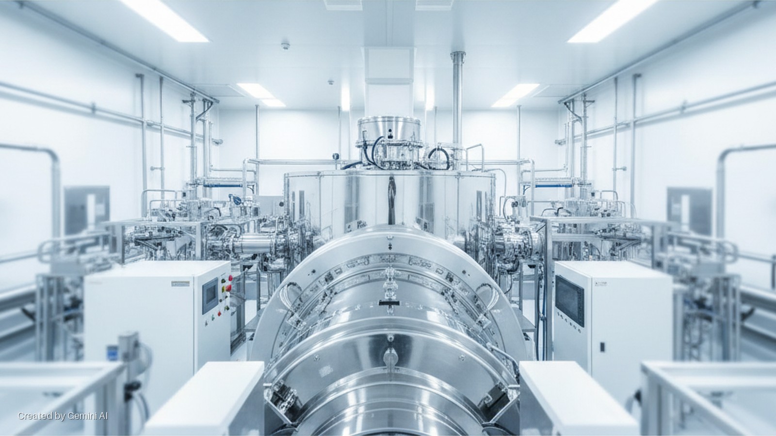 A brightly lit cleanroom features a large, symmetrical stainless steel processing machine with extensive piping, flanked by white control cabinets and illuminated by overhead fluorescent lights.