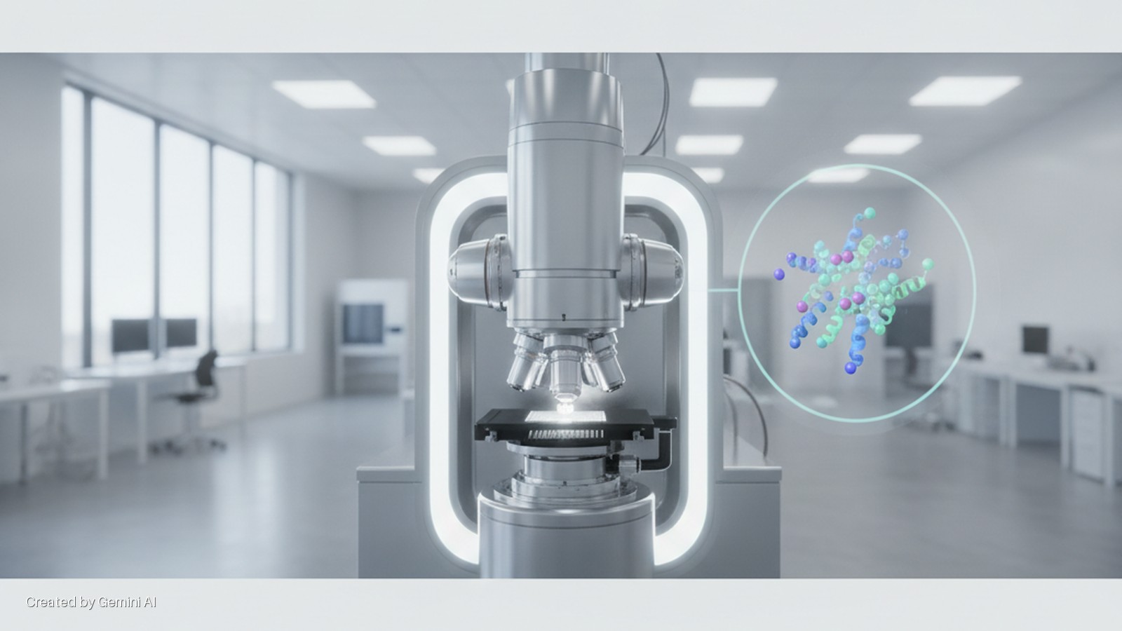 A sleek, modern microscope with an illuminated sample stage stands in a brightly lit, sterile laboratory, displaying a colorful 3D protein structure in a holographic projection.