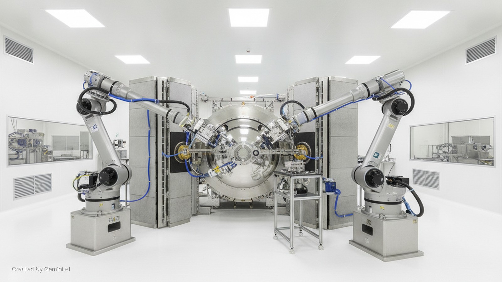 Two large silver robotic arms flank a central spherical metal vacuum chamber in a brightly lit white cleanroom, featuring overhead panel lights and observation windows.