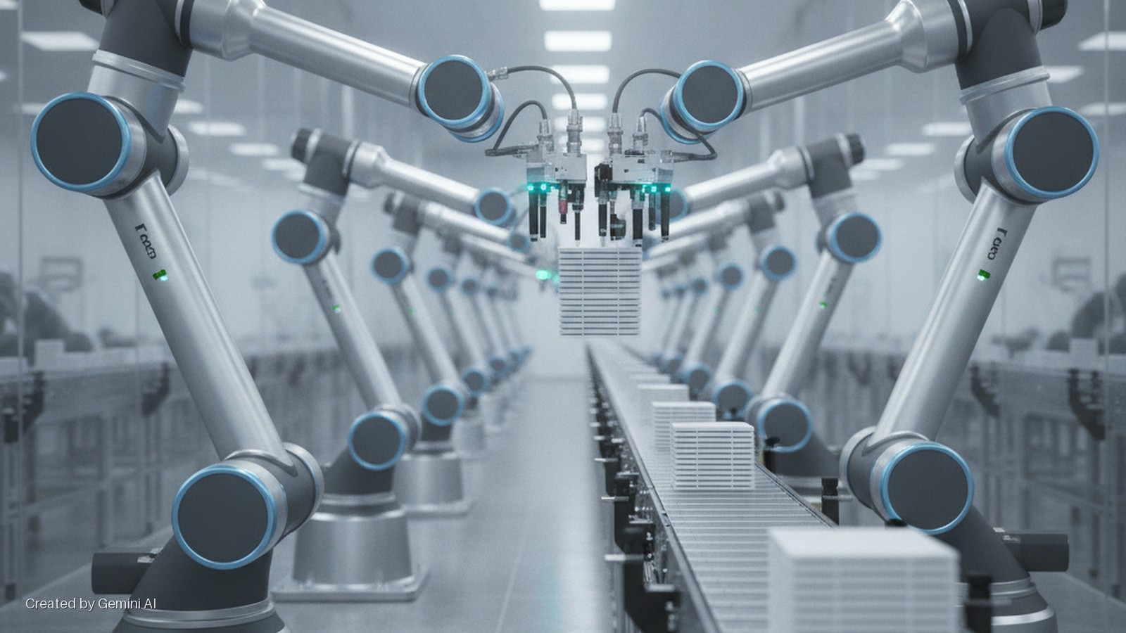 Brightly lit automated factory assembly line with multiple silver robotic arms featuring blue-ringed joints and green indicator lights, moving stacks of white rectangular products on a central conveyor belt.