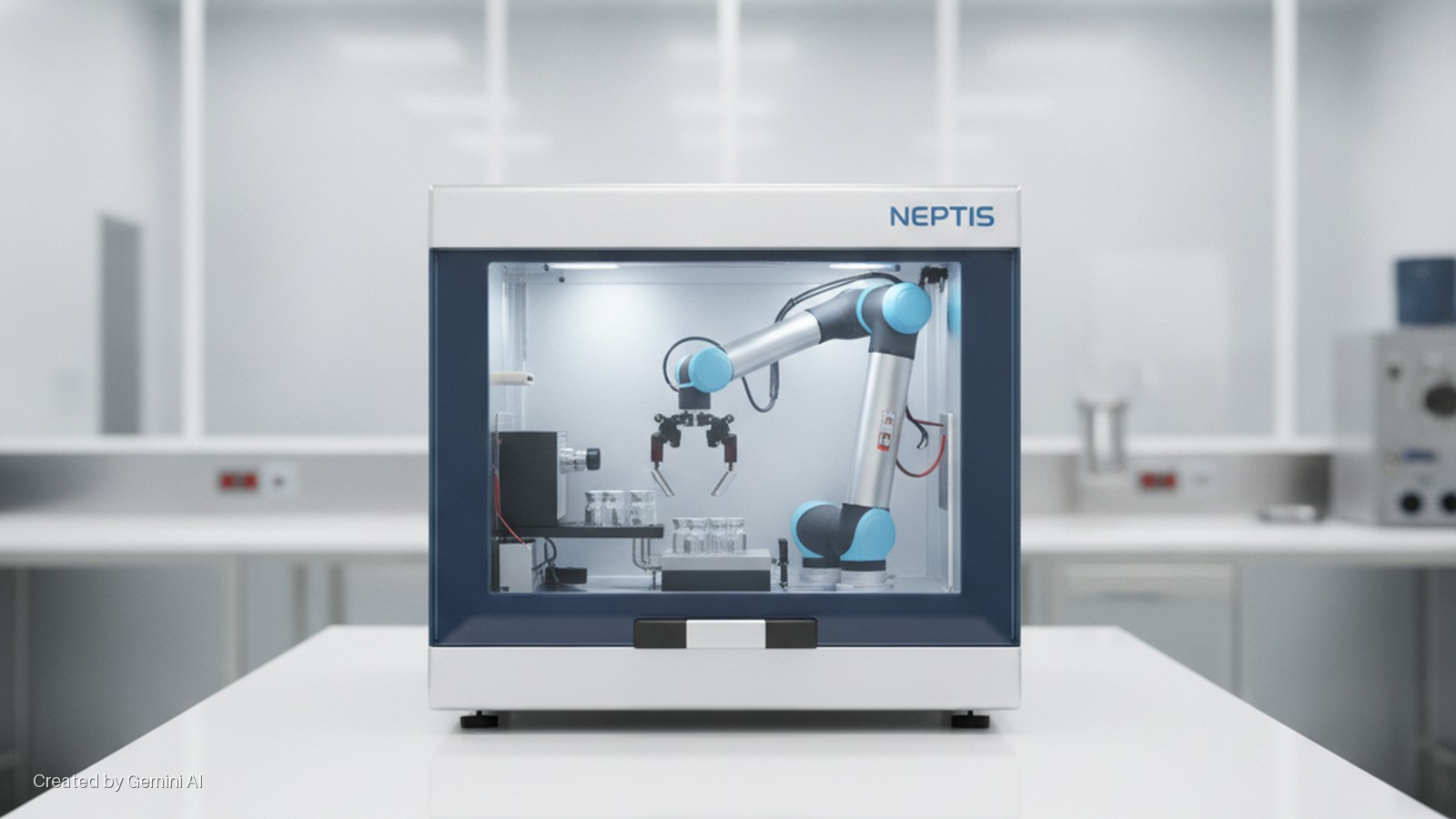 A brightly lit NEPTIS automated laboratory system featuring a silver and blue robotic arm and glass vials inside a clear protective enclosure, placed on a white laboratory countertop.