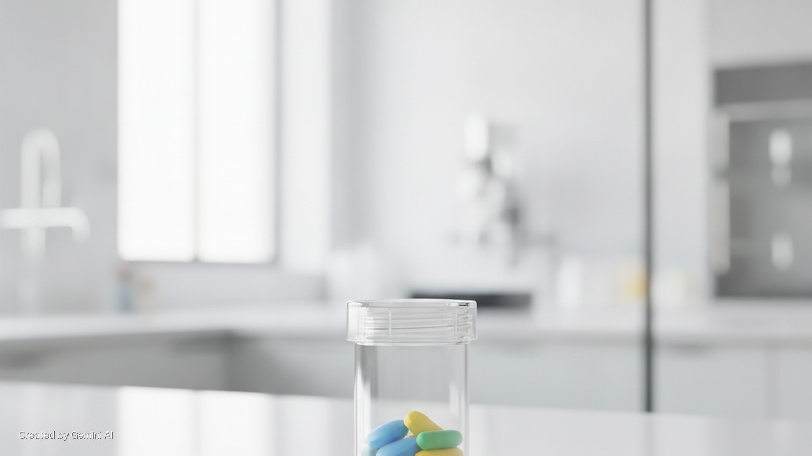 A clear plastic bottle filled with blue, yellow, and green pills sits on a white counter in a brightly lit modern kitchen.