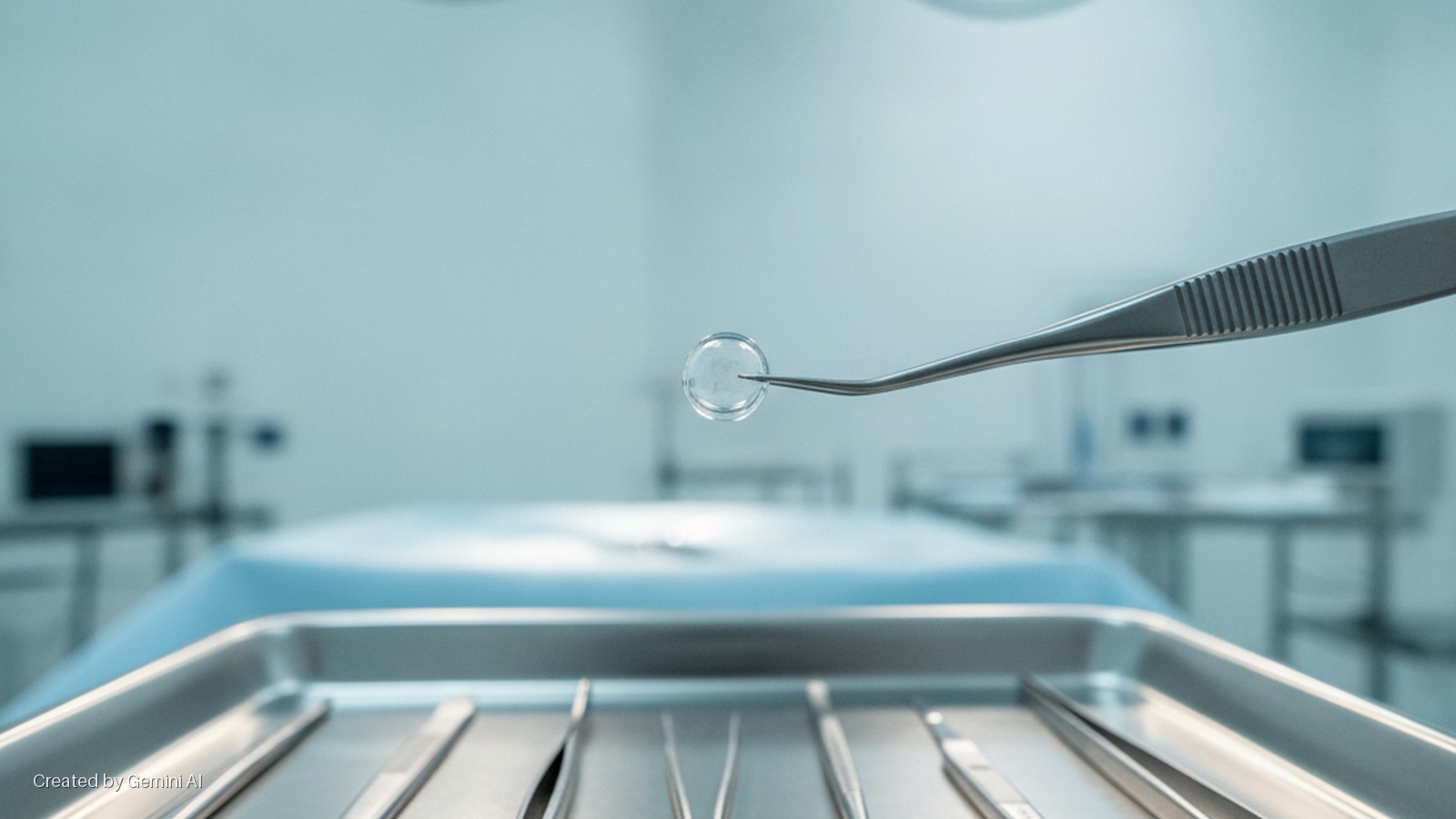 Fine surgical tweezers hold a transparent circular lens above a sterile metal instrument tray in a brightly lit operating room.