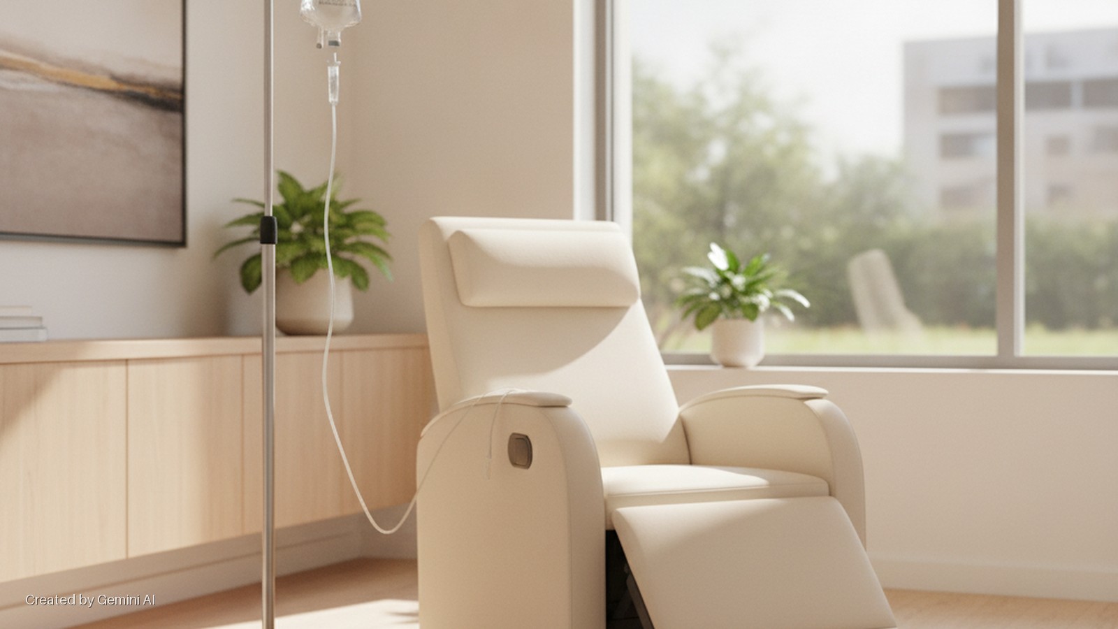 A bright room features a cream recliner next to an IV stand, wooden cabinets, potted plants, and an abstract painting, with natural light from a large window revealing greenery and a building outside.