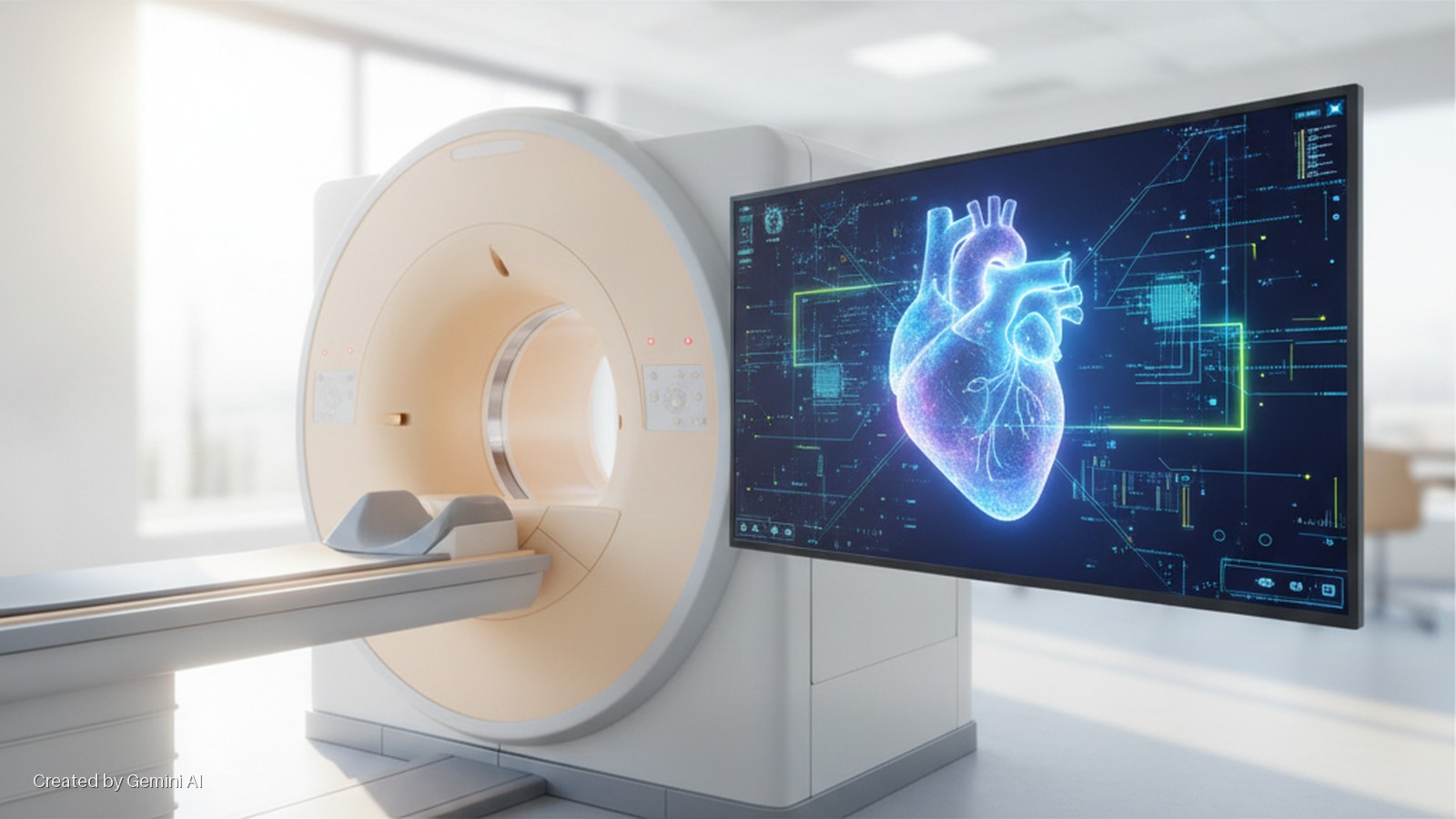 A brightly lit medical imaging room with a beige and white MRI scanner and an adjacent monitor displaying a glowing blue digital heart overlaid with circuit patterns.