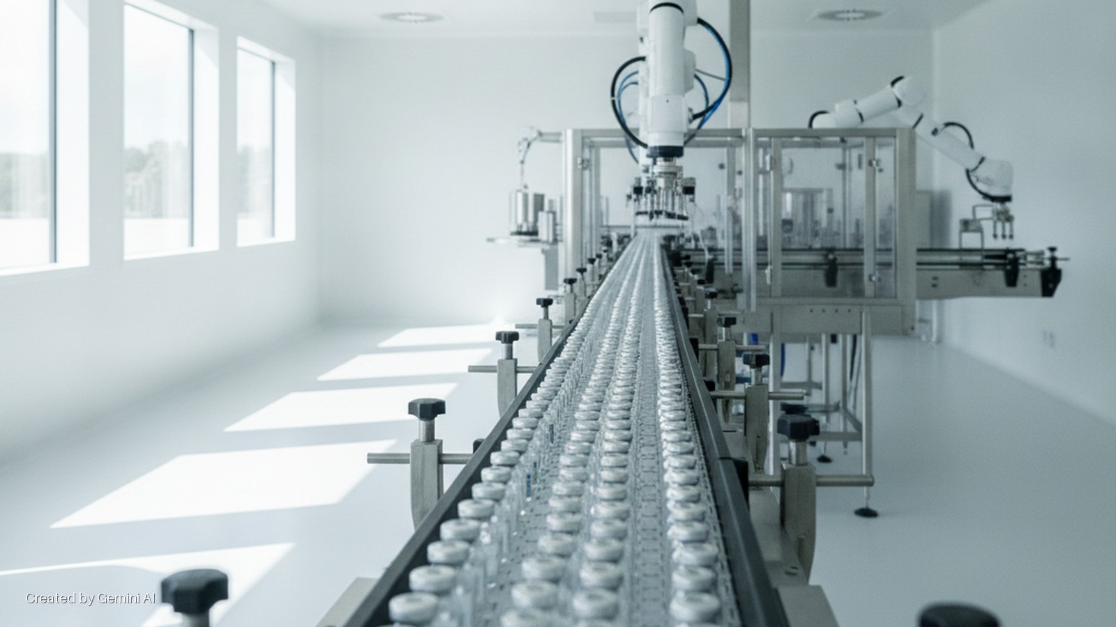Rows of medical vials move along a conveyor belt in a bright, modern cleanroom with robotic arms and natural light from large windows.