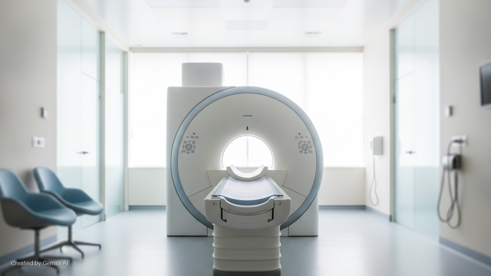 A brightly lit medical imaging room features a large white MRI scanner with a patient table at its center, two light blue chairs on the left, and large windows with blinds in the background.