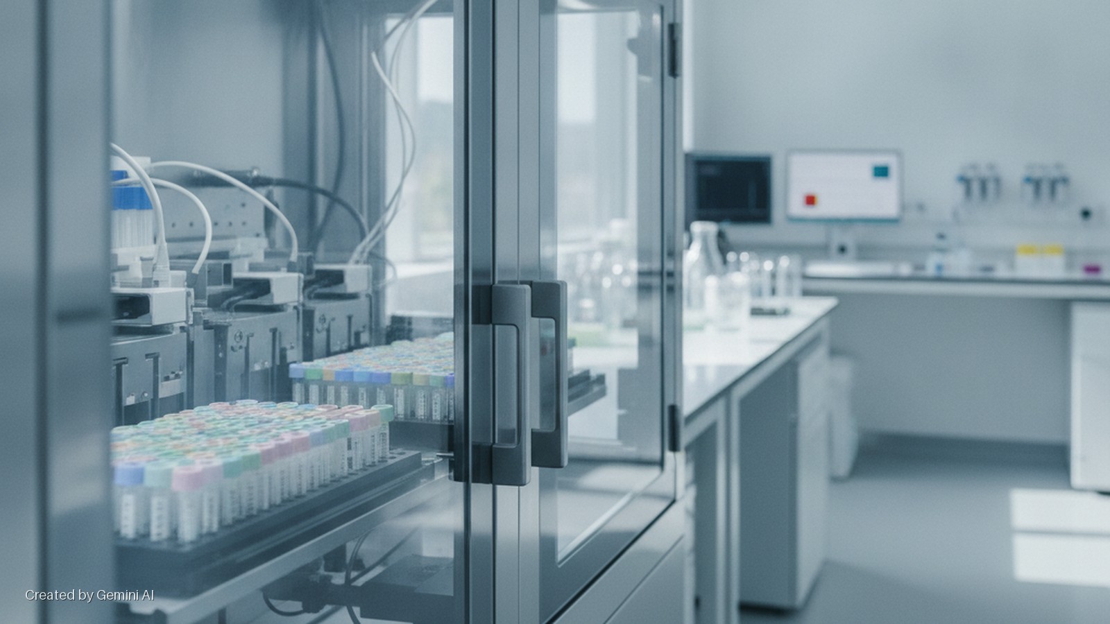 A robotic laboratory system processes numerous racks of colorful-capped test tubes inside a glass enclosure, with blurred lab benches, computer monitors, and glassware visible in the brightly lit, sterile background.