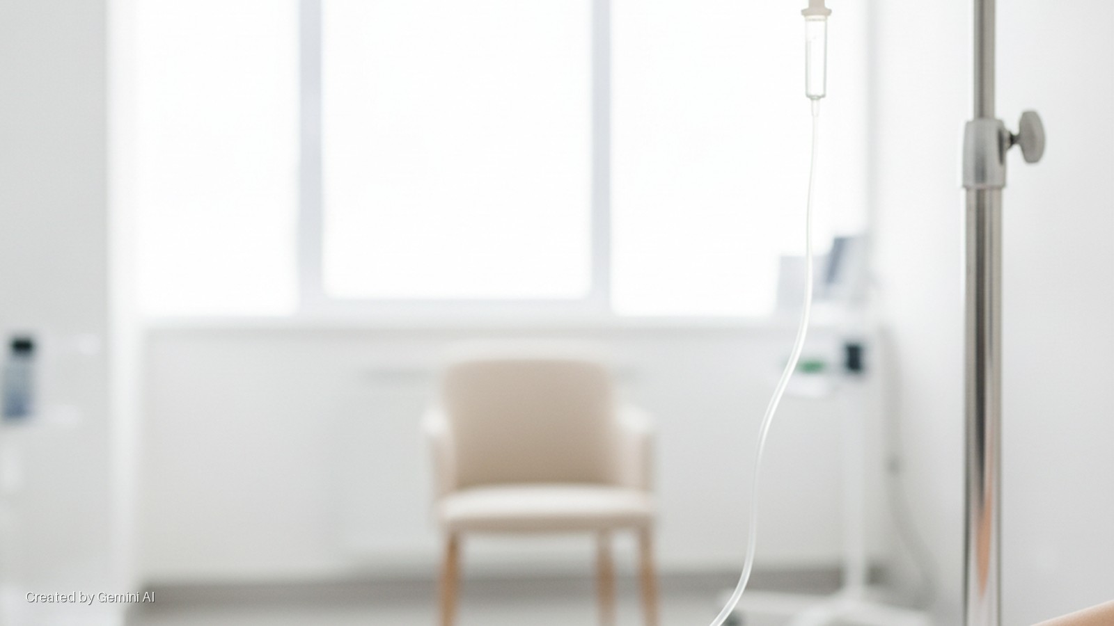 A bright, clean medical room features a clear IV drip and metallic pole in the foreground, with a light-colored chair visible in the soft-focus background near a large window.