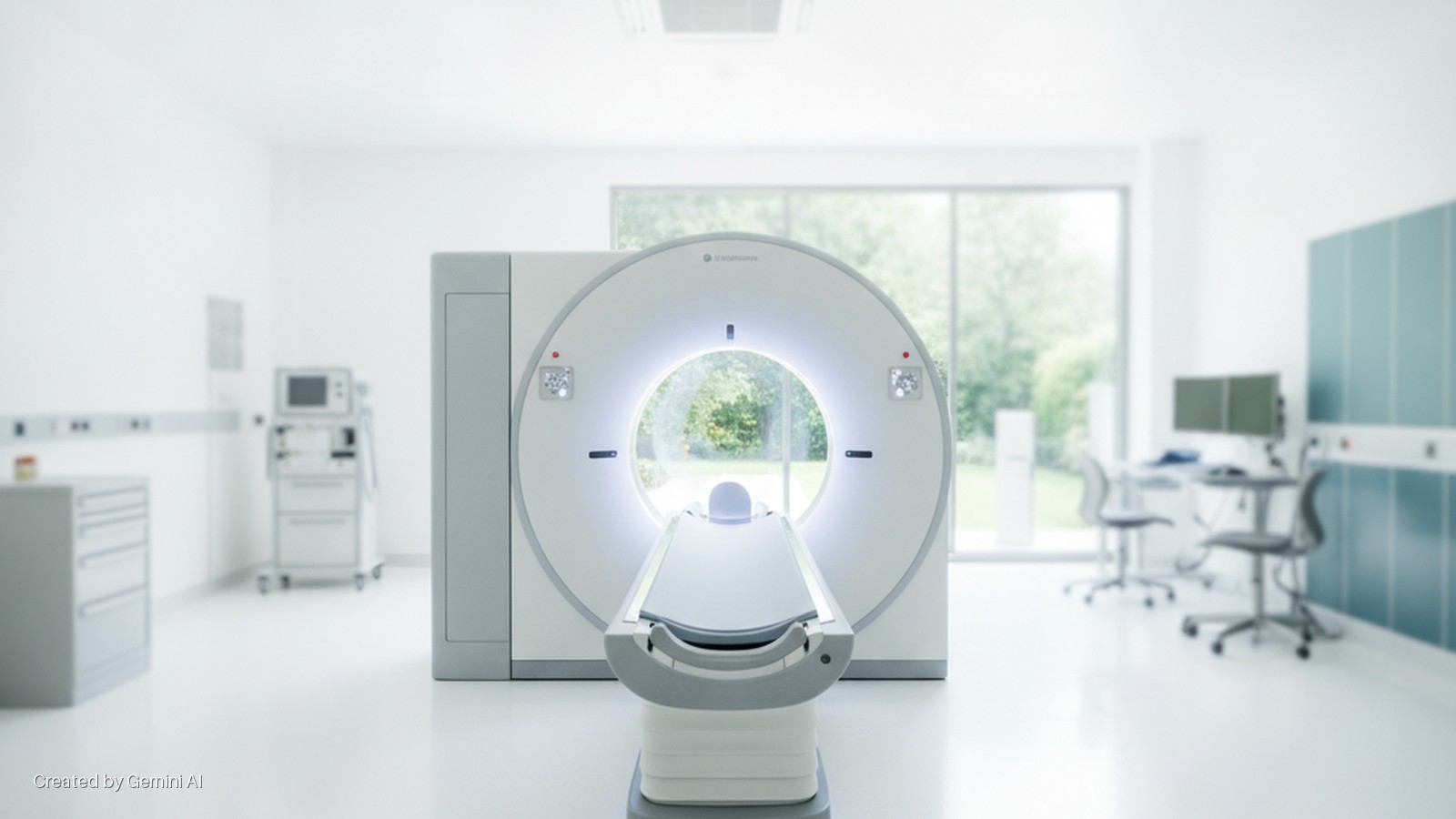 A bright medical imaging room features a central CT scanner with an illuminated gantry and patient table, flanked by medical equipment and a workstation, with natural light streaming through large windows.