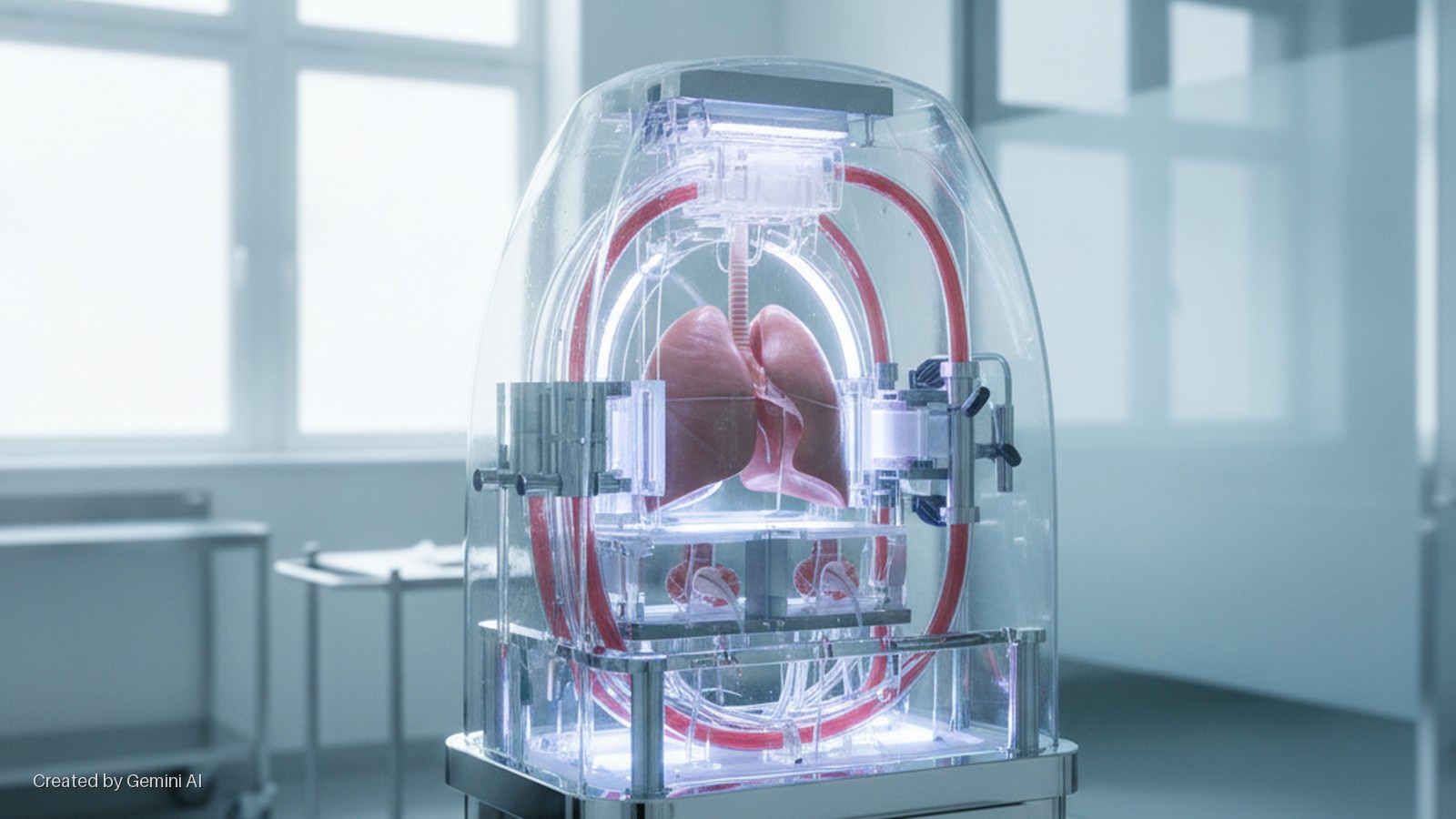 A pair of human lungs is suspended within a transparent, internally lit medical device with red tubing, situated in a bright, sterile laboratory with large windows.