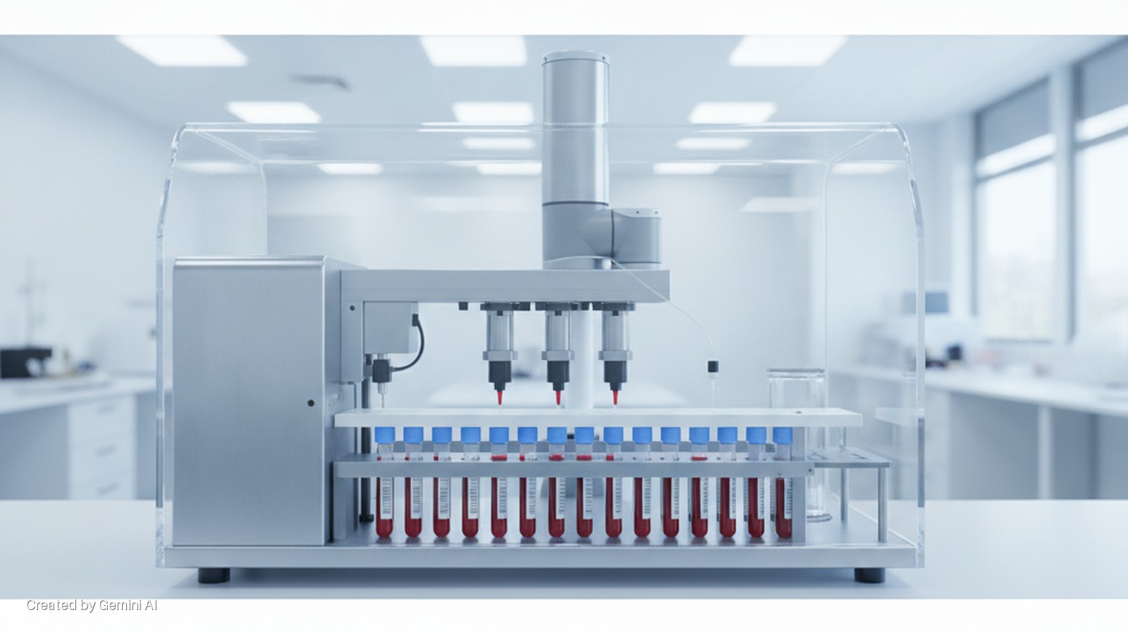 A compact automated laboratory system with a robotic arm and pipettes processes blood sample tubes on a workbench in a brightly lit, sterile lab.