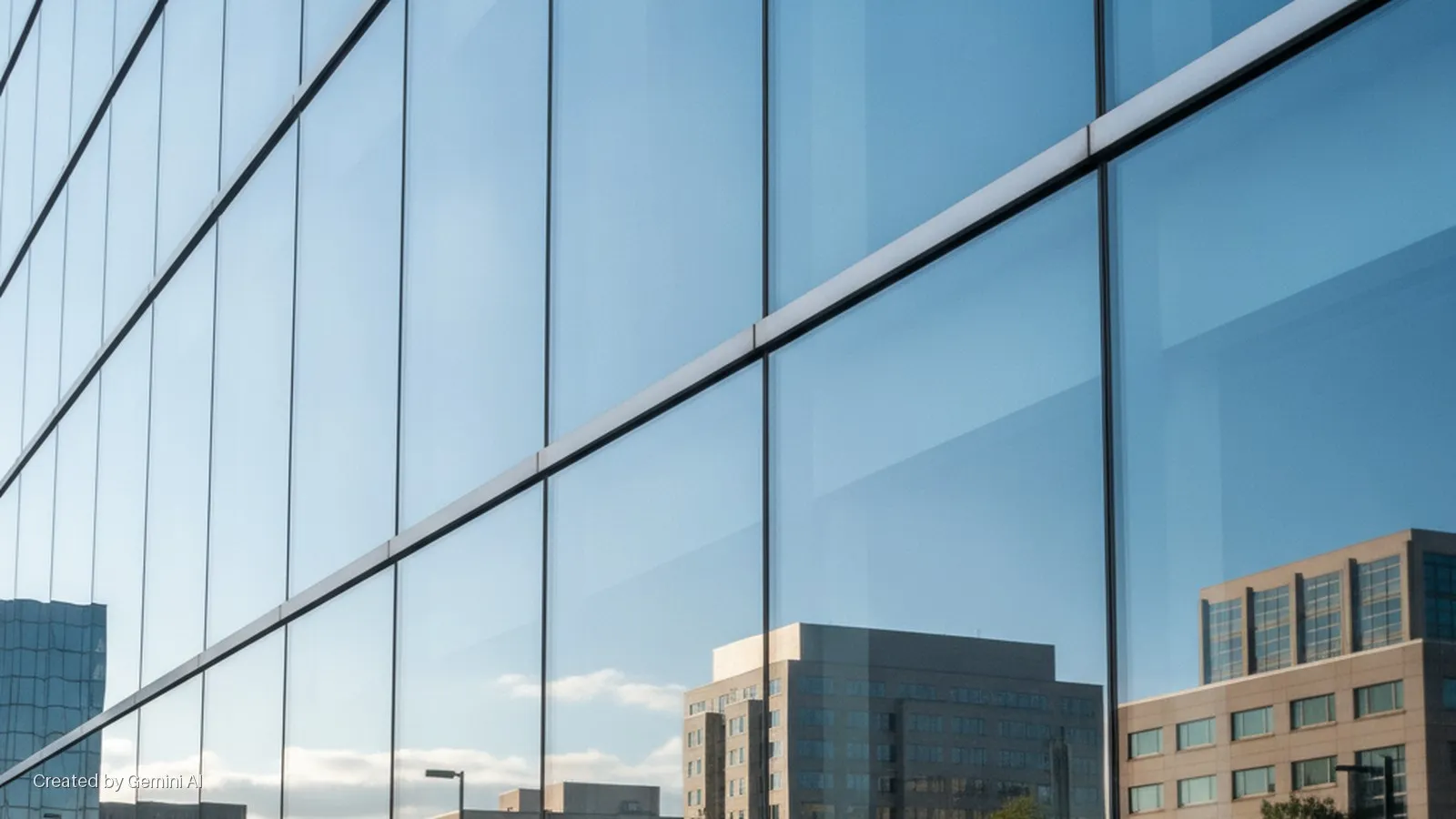 A modern building's blue glass facade with dark mullions reflects a bright blue sky, white clouds, and other urban buildings under clear daylight.