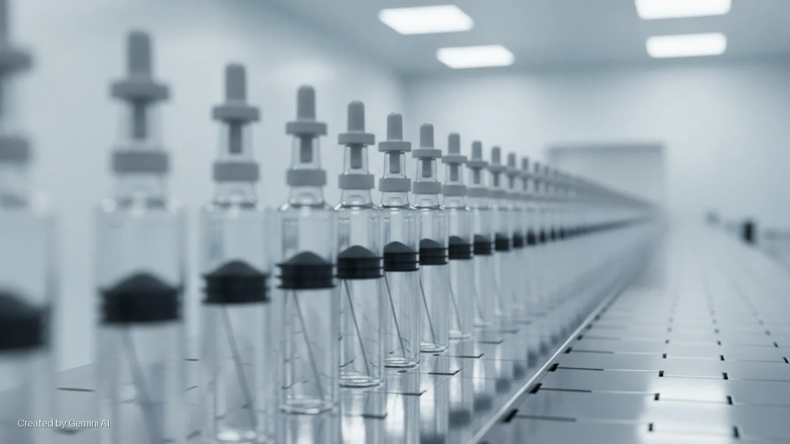 Rows of transparent vials with dark stoppers and light grey dropper caps stand in a long line on a metal conveyor belt in a brightly lit, sterile production facility.