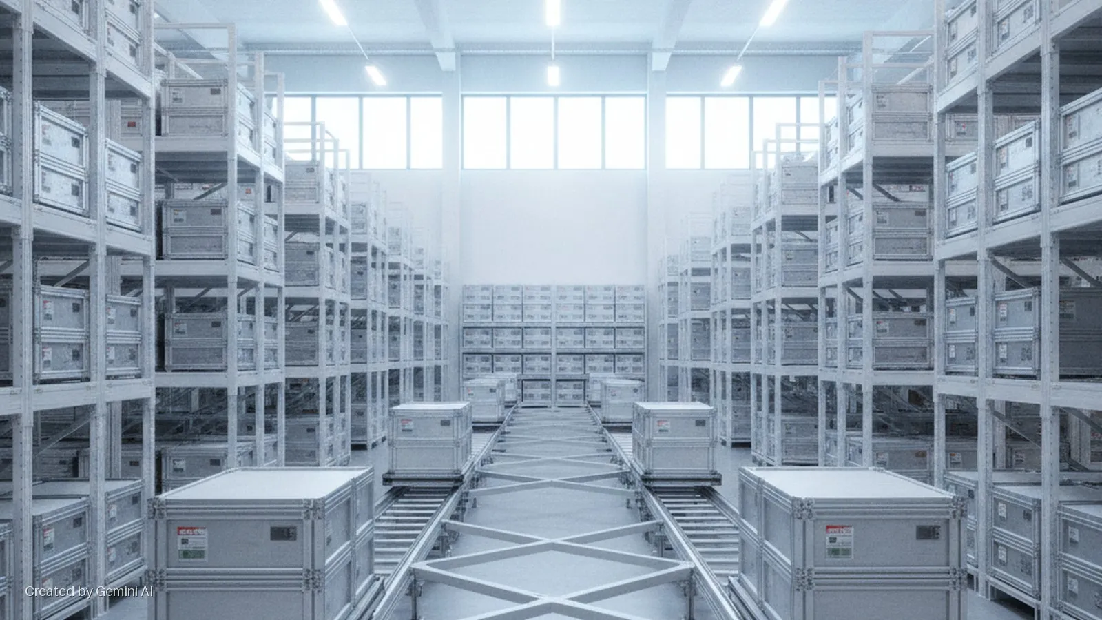 A brightly lit, automated warehouse with rows of tall metal racks filled with storage crates, and a central conveyor system carrying more crates down an aisle towards large windows at the far end.