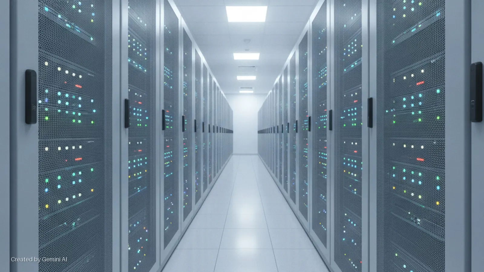 A long data center aisle is lined on both sides by rows of server racks displaying numerous colorful indicator lights, illuminated by bright overhead panel lights and featuring a white tiled floor.
