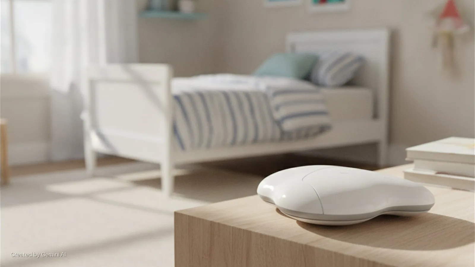 A contoured white device rests on a light wooden bedside table beside a stack of books, with a white bed and blue striped bedding visible in the soft natural light of a bedroom.
