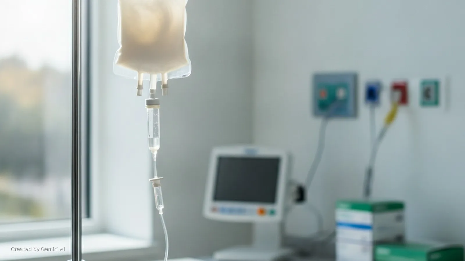 An IV bag with pale fluid drips from a metal pole in a naturally lit hospital room, with a medical monitor and wall-mounted ports blurred in the background.