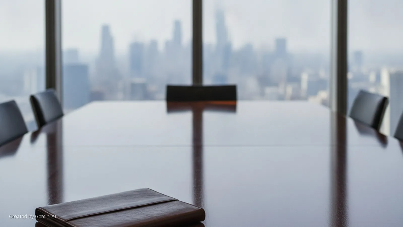 An empty conference room with a polished, reflective table, chairs, and a brown leather folio in the foreground, overlooks a blurred city skyline through large windows under bright, diffused light.