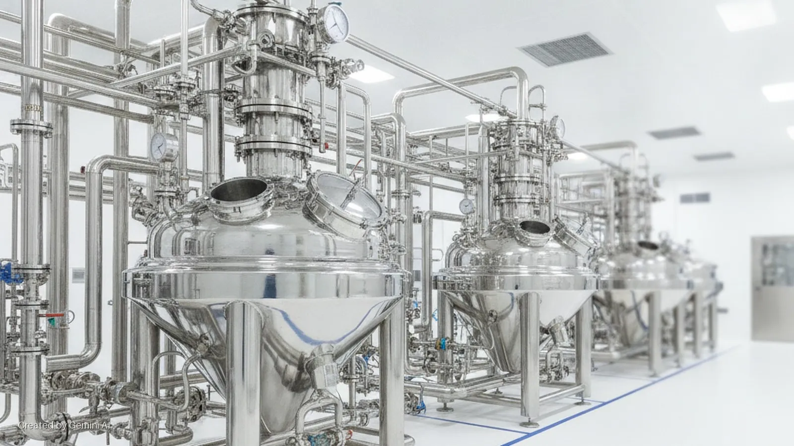 Gleaming stainless steel industrial processing vessels and intricate piping systems in a brightly lit, sterile manufacturing facility.