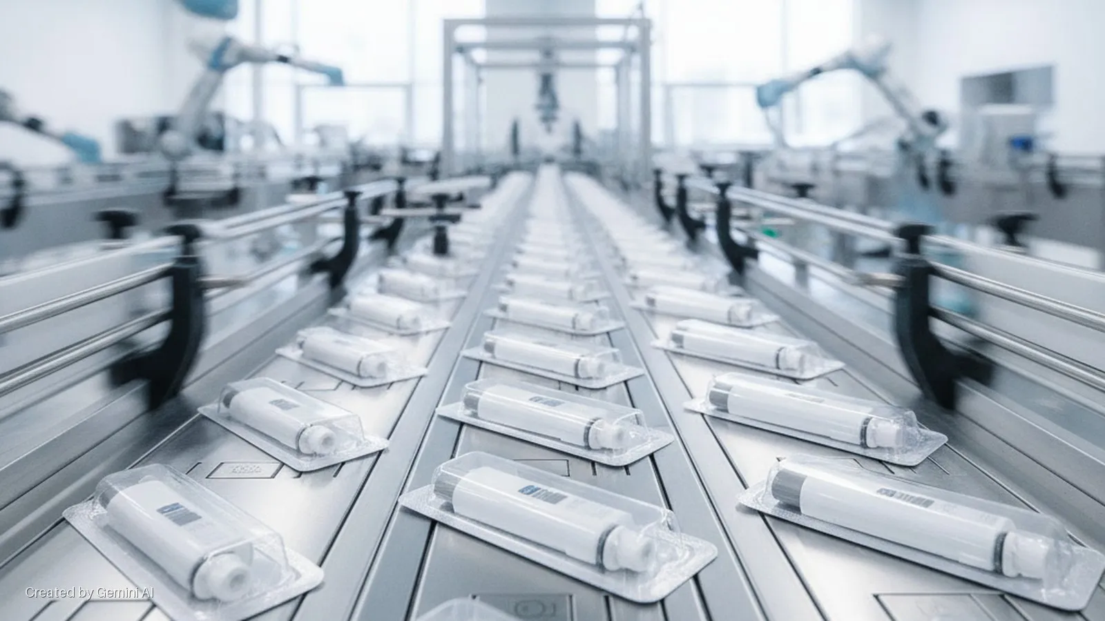 Rows of white devices in clear blister packaging move along a stainless steel conveyor belt in a brightly lit, clean manufacturing facility, with robotic arms blurred in the background.