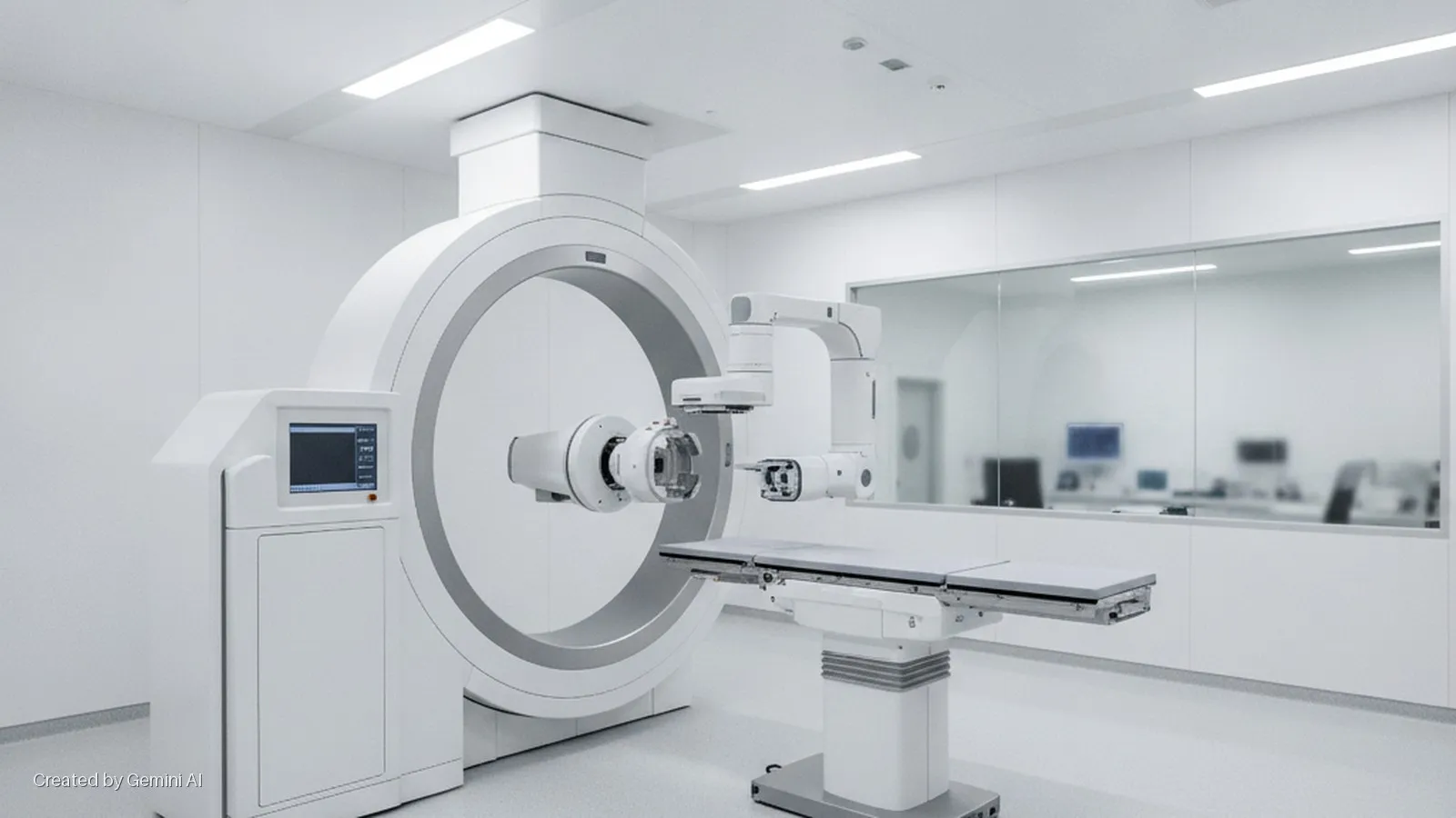 A bright, sterile medical room features a large white robotic medical imaging system with a circular gantry, a control panel, an adjustable patient table, and a glass wall overlooking a separate room with computer monitors.